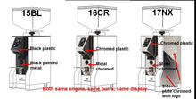 Load image into Gallery viewer, Comparison of three Eureka Mignon Specialita coffee grinder models in black, chromed plastic, and chromed metal finishes
